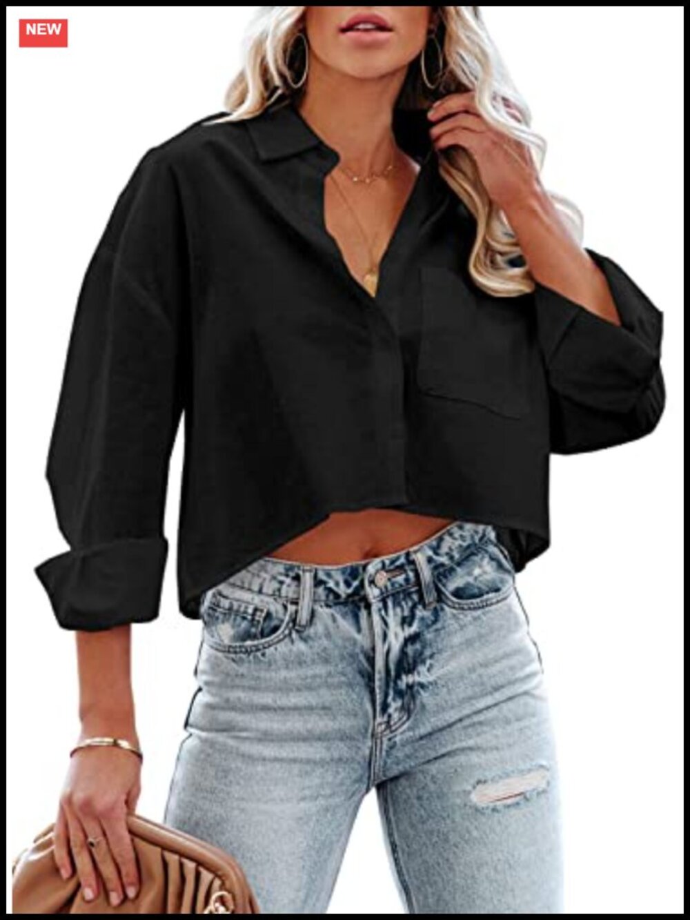 Crop Button Down Shirt Long Sleeve Collared Blouse for Women Casual